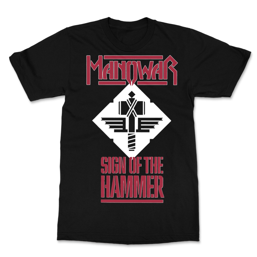 MANOWAR T-SHIRT SIGN OF THE HAMMER RED ON BLACK (LEGACY)